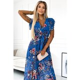 numoco basic 473-1 ARIA Długa sukienka z dekoltem i krótkim rękawkiem - NIEBIESKA w kwiaty | shoptok.hr