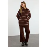 Trendyol Brown Comfortable Striped Knitwear Bottom-Top Set