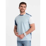 Ombre Men's elastane t-shirt with colored sleeves - blue cene