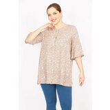Şans Women's Beige Plus Size Woven Viscose Fabric Front Buttoned Short Sleeve Blouse Cene
