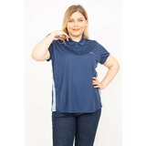 Şans Women's Navy Blue Plus Size Polo Neck Side Striped Sports Blouse Cene