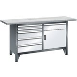 LISTA Delovna miza širine 1500 mm, izvedba z ogrodjem, 1 polica, 6 predalov, 1 vrata, korpus svetlo siv, sprednji del svetlo moder | Shoptok.si