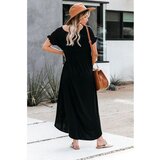 Fenzy Maksi Haljina Širokog Kroja S "V" Izrezom, Kratkim Rukavima S Volanima I Prorezima Mandelina, Crna | shoptok.hr