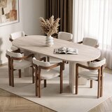Hanah home trpezarijski set Aleria, ovalni sto i 6 stolica sa rukonaslonima, travertin i orah, bela šenil tkanina | Eponuda.com