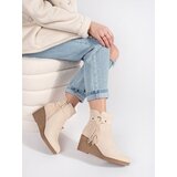 Shelvt Suede light beige women's wedge boots with fringes | Eponuda.ba