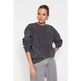 Trendyol Anthracite Anthracite/Faded Effect Thick Fleece Inside Oversize/Wide-Collar Knitted Sweatshirt Cene