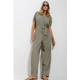 Trend Alaçatı Stili Women's Khaki Front Buttoned Double Pocket Mikanos Linen Jumpsuit cene