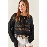 Olalook Women's Black Bottoms Tasseled Openwork Knitwear Blouse | shoptok.hr