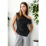 Dewberry 49777 Asymmetrical Collar Womens Blouse-BLACK Cene
