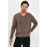 Lafaba Men's Brown V-Neck Basic Knitwear Sweater Cene