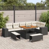 vidaXL 9-delni set vrtnega kavča z blazinami črnega poli ratana akacije, 3-delni set vrtne jedilnice z blazinami črnega poli ratana akacije | Shoptok.si