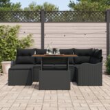 vidaXL 7-delni Vrtni Kavč Set z Blazinami Črn Poli Ratan | Shoptok.si