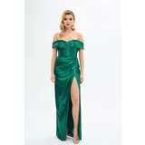 Carmen Emerald Low Sleeve Slit Shiny Knitted Evening Dress