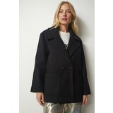 Happiness İstanbul Women's Black Double Breasted Collar Coat with Pockets, Cachet Cene
