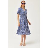 Olalook Women's Daisy Saks Blue Elastic Waist Double Breasted Collar Patterned Dress | ePonuda.com