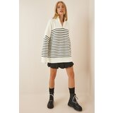  Women's Ecru Black Zippered Stand Up Collar Striped Oversize Sweater | Shoptok.si