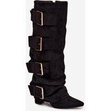 Boto Women's heeled boots with turned-up shaft and gold buckles eco suede black Isavelle | Shoptok.si
