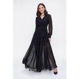 By Saygı Double Breasted Collar Long Sleeves Lined Chiffon Long Dress Black Cene