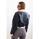 Kesi Włoski Women's pilot jacket made of faux leather, insulated with fur and a belt, navy blue | ePonuda.com