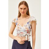 Olalook Women's Blue Floral Side Zipper Sleeve Detailed Mos Crepe Blouse | Eponuda.ba