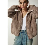 Happiness İstanbul Women's Dark Beige Zippered Plush Cardigan