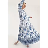 Bigdart Women's Blue Floral Patterned Dress with Pleated Sleeves and a Robe 1947 1947 hpd19.