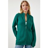  Women's Dark Green Zippered Knitwear Cardigan | shoptok.hr