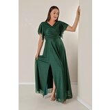 By Saygı Double Breasted Neck Front Draped Lined Plus Size Long Silvery Dress with Flounce Slit on the Sleeves Cene