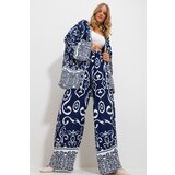 Trend Alaçatı Stili Women's Navy Blue Kimono Jacket And Palazzo Pants Suit Cene