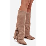 Boto Ladies Slip-On Cowboy Boots With Heel And Fringes Beige Zalia | Shoptok.si