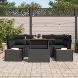 vidaXL 7-delni vrtnarska jedilna garnitura s blazinami črna poli ratan acacia | Shoptok.si
