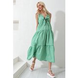 Trend Alaçatı Stili Women's Green Strappy Layered Flounced Front Lace Up Maxi Length Poplin Woven Dress Cene