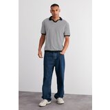 Trendyol Men's Black Relaxed/Comfortable Cut Striped Textured Short Sleeve Apache Polo Collar T-Shirt Cene