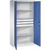 C+P Delavniška omara s krilnimi vrati in predali, ŠxG 930 x 600 mm, 3 police, svetlo sive / encijan modre barve | Shoptok.si