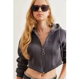 Olalook Women's Anthracite Corset Detailed Hooded Raised Crop Sweatshirt