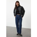 Trendyol dark blue elastic waist high waist straight jeans