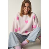 Happiness İstanbul Women's Light Pink Heart Textured Oversize Knitwear Sweater Cene