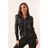 By Saygı Black Satin Shirt with Pleated Front | shoptok.hr
