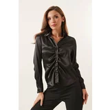 By Saygı Black Satin Shirt with Pleated Front