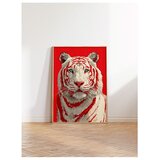 Wallxpert uramljena slika 115275, beli tigar na crvenoj pozadini, 50 x 70 cm, ram u boji prirodnog drveta | Eponuda.com