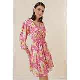 By Saygı Double-breasted Collar Lined Mixed Patterned Gipeli Satin Dress Pink Cene