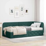 VidaXL Kotna postelja z vzmetnico Temno zelena 90 x 200 cm blago Slike