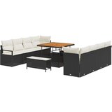 vidaXL set od 11 komada vrtnih sofa s jastučićima crni poli ratan akacija, 2-sjedna vrtna sofa s pohranom i jastučićima crni poli ratan, 3-komadni vrtni set za objedovanje s jastučićima crni poli ratan akacija Cijene