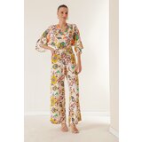 By Saygı Elastic Waist, Pocket Palazzo Pants Front Back V-Neck Crop Floral Double Suit Cene