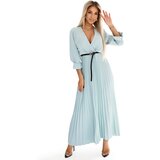 numoco basic 462-3 SERENA Pleated maxi dress with neckline, belt and 3/4 sleeves - Pastel Sage | Shoptok.si