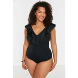 Trendyol Curve Black Deep V-Neck Flounce Throw Lined Swimsuit