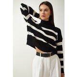 Happiness İstanbul Women's Black High Collar Striped Knitwear Sweater Cene