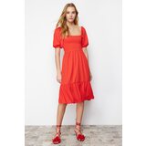 Trendyol Vibrant Red Open Waist/Skater Square Neck Balloon Sleeve Midi Sweater Knitted Dress Cene
