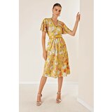 By Saygı Double-breasted Collar Waist with a Belt, Lined Floral Satin Dress Yellow Cene