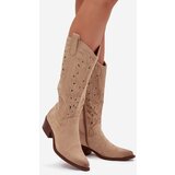 Boto Cowboy Boots With Perforated Pattern On Low Heel Beige Selirae | Eponuda.ba